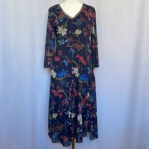 T Tahari Women's Dress Size 6 Blue Floral Print Sheer Long Sleeves Midi Length
